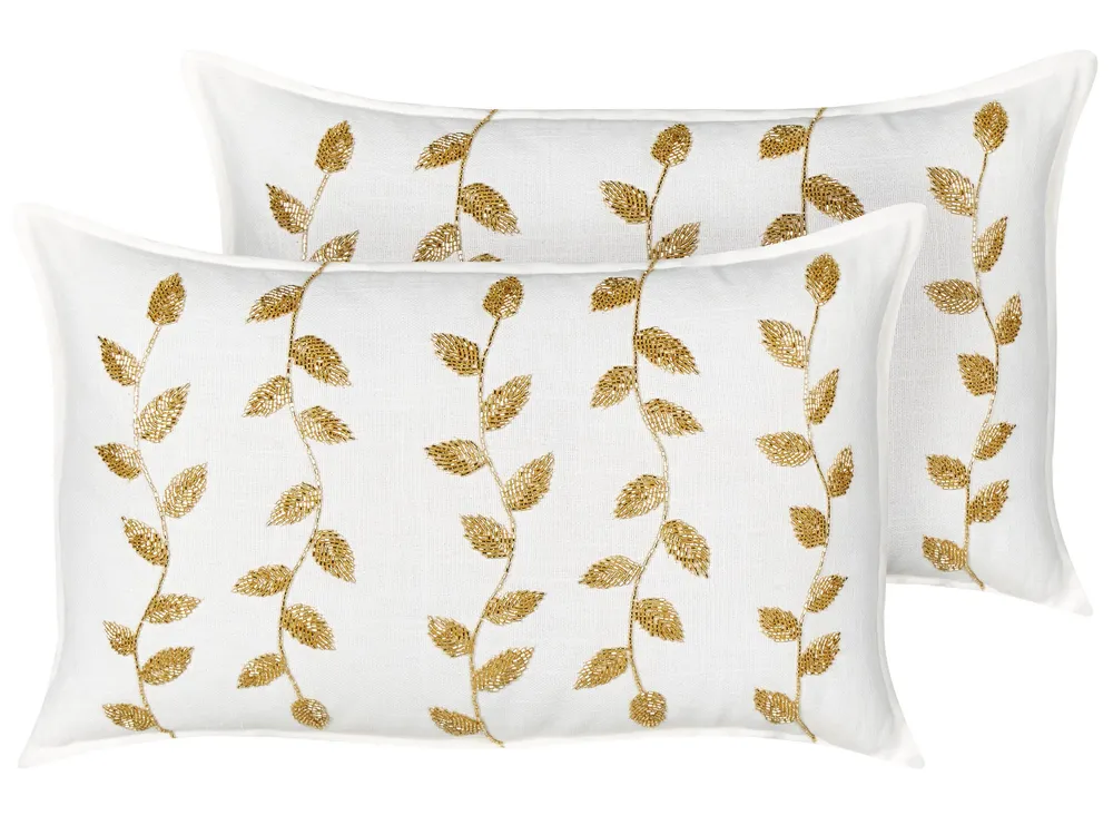 Conjunto de 2 almofadas decorativas com comum de folhas em algodão branco e dourado 30 x 50 cm NERIUM