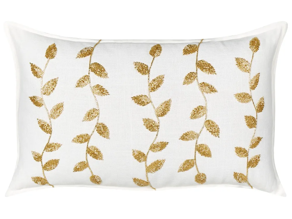 Conjunto de 2 almofadas decorativas com comum de folhas em algodão branco e dourado 30 x 50 cm NERIUM