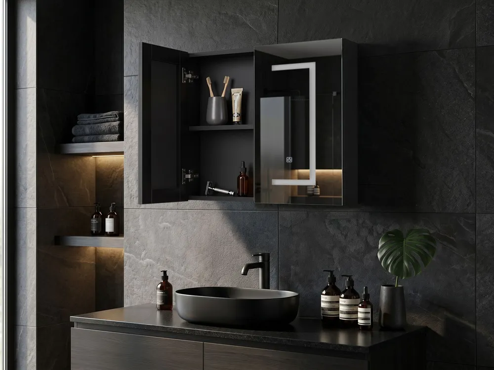Bathroom Wall Mounted Mirror Cabinet LED 60 x 60 cm Negro MAZARREDO