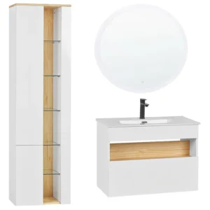 Porta Saboneteira Conjunto de móveis com lavatório e espelho LED em castanho e branco FIGUERES