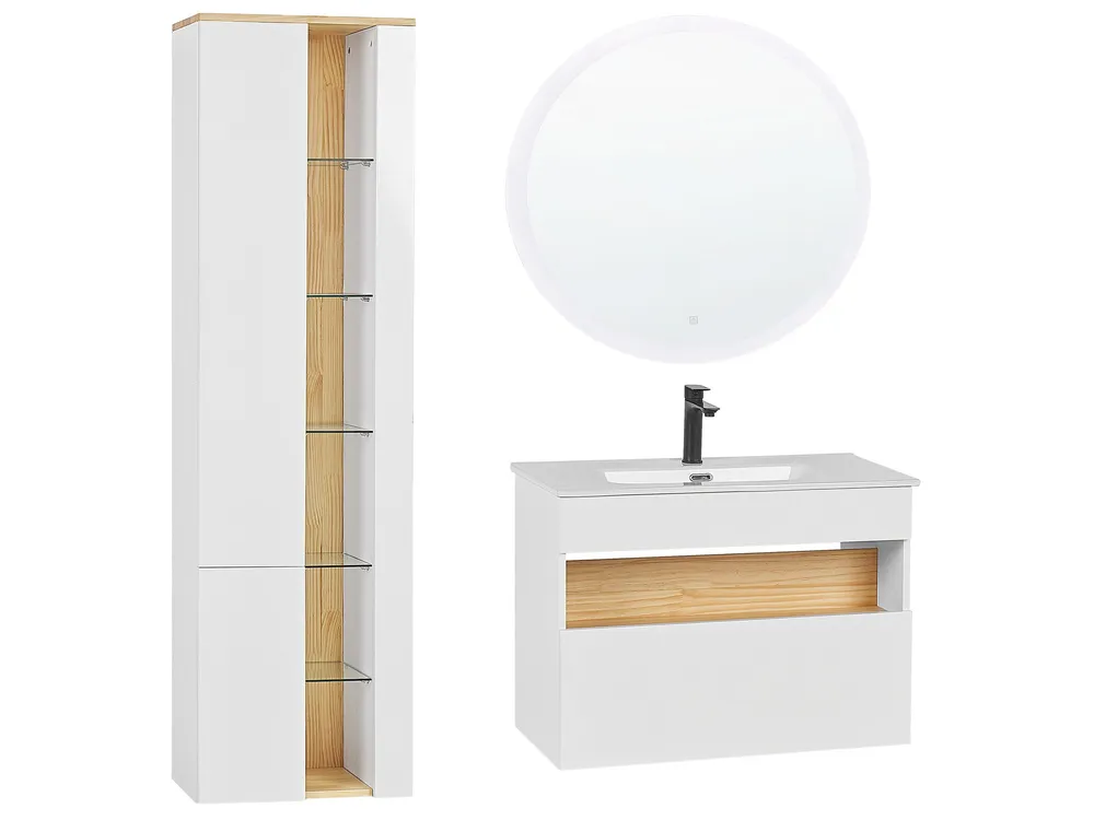 Porta Saboneteira Conjunto de móveis com lavatório e espelho LED em castanho e branco FIGUERES