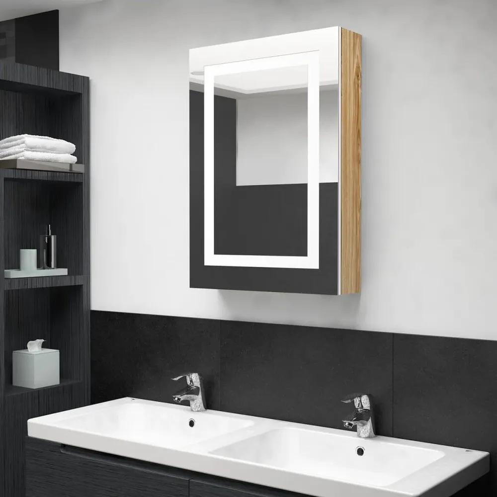 Suporte para Escova de Dentes Armário espelhado casa de banho LED 50x13x70 cm branco/carvalho