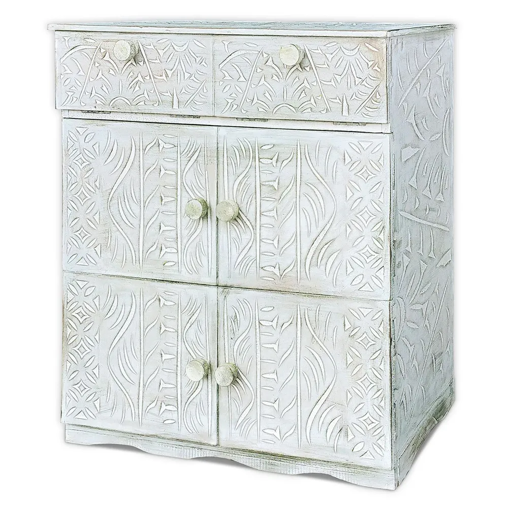 Buffet de madeira esculpida estilo étnico 6 portas L70cm Anthiika Branco patinado
