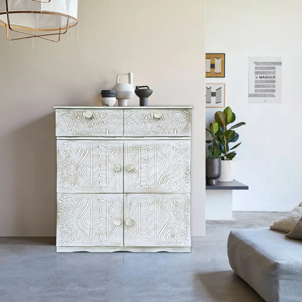 Buffet de madeira esculpida estilo étnico 6 portas L70cm Anthiika Branco patinado