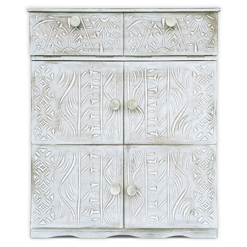 Buffet de madeira esculpida estilo étnico 6 portas L70cm Anthiika Branco patinado