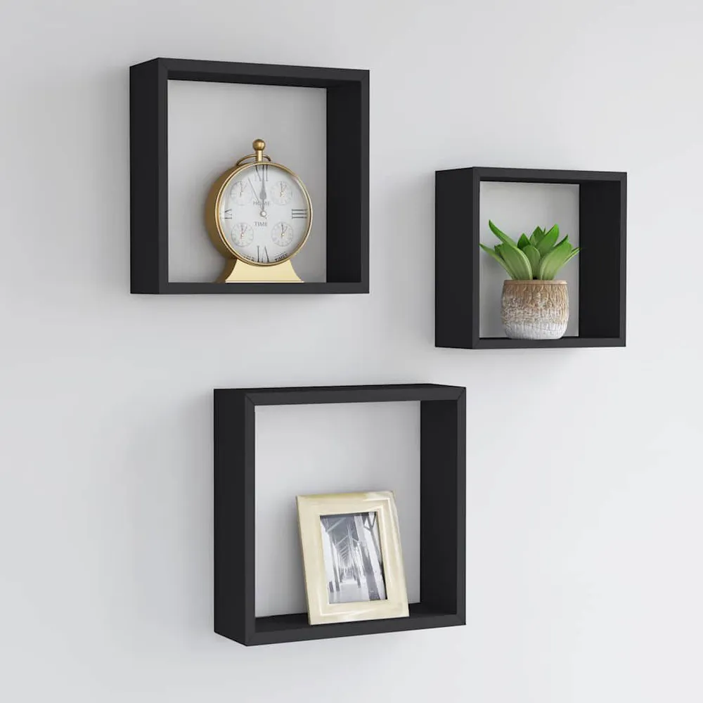Prateleiras de parede em forma de cubo 3 pcs MDF preto para Espaços Pequenos