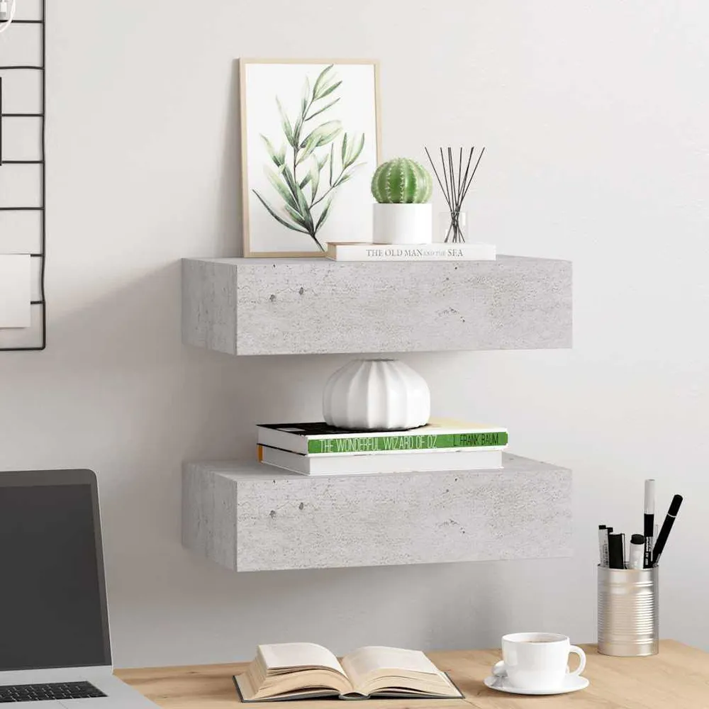 Prateleiras parede + gavetas 2 pcs MDF 40x23,5x10 cm cinza cim. com 5 Gavetas
