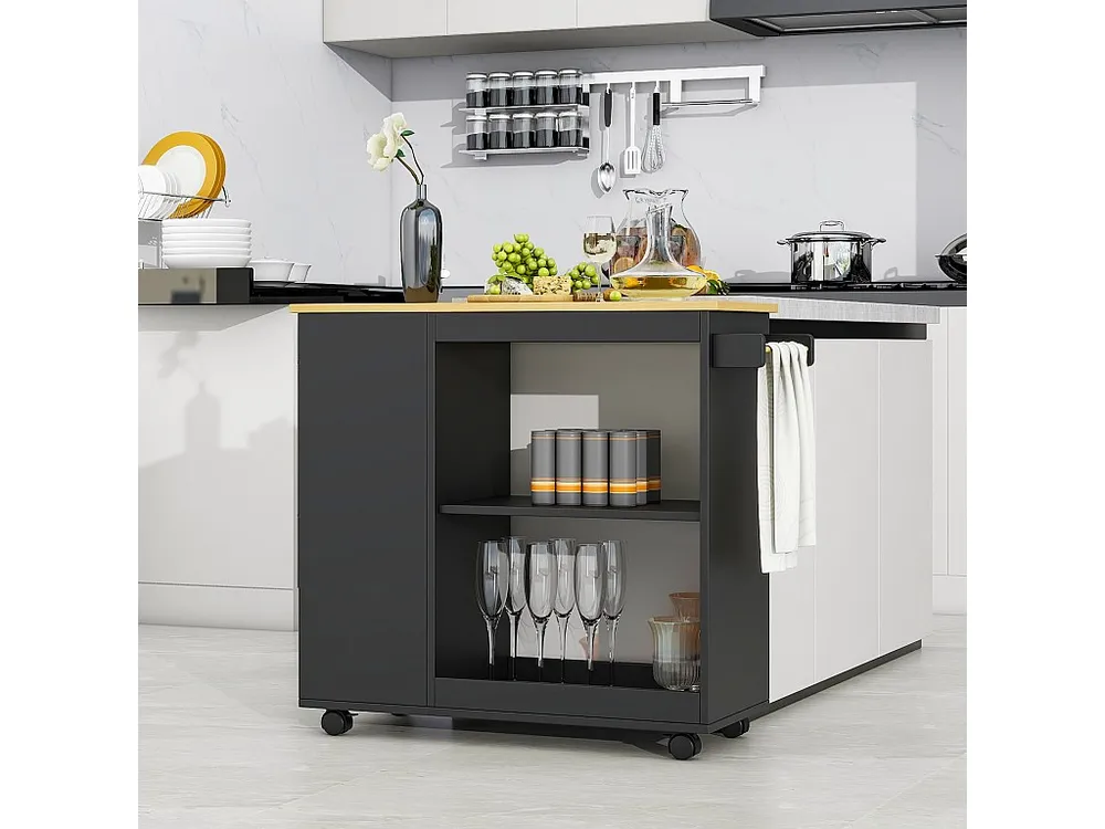 Banqueta com Encosto Ilha móvel de cozinha central com compartimentos abertos e prateleiras - 105 x 38 x 89 cm - Madeira M...