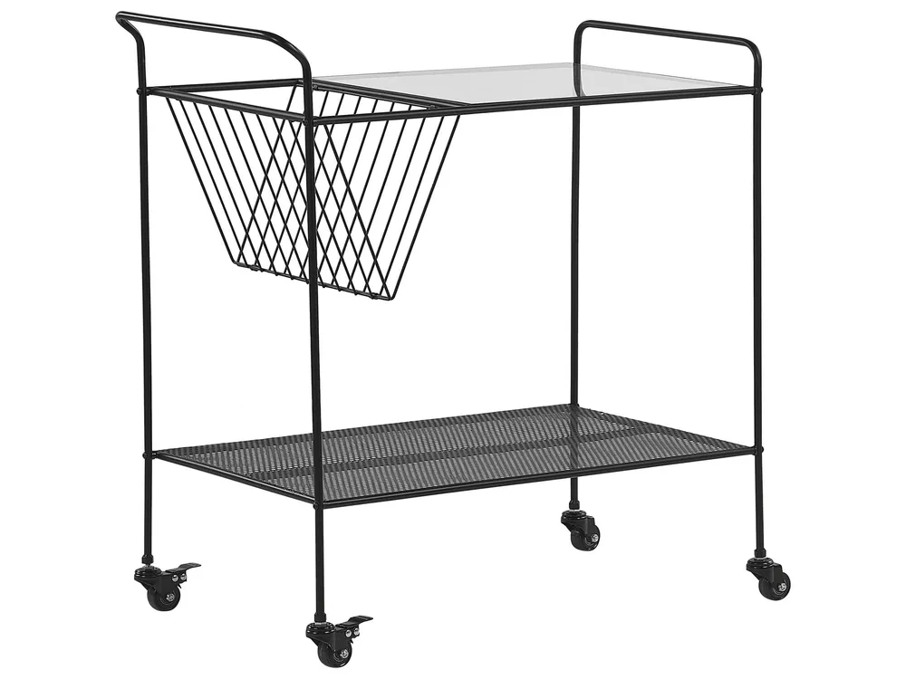Design Ergonômico Carrinho de cozinha em vidro e metálico preto ALAMO