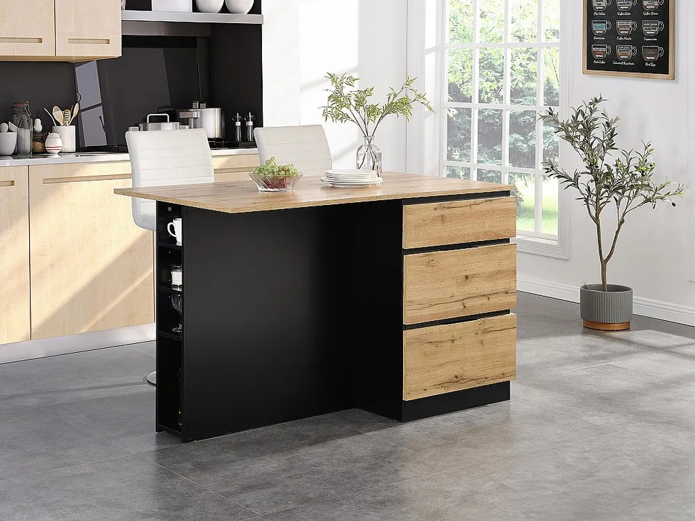 Ilha central de cozinha com 6 gavetas e 4 nichos em MDF - Integral e Preto - POMARELA
