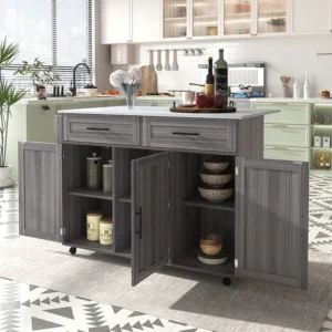 Ilha central móvel de cozinha com 3 portas e 2 gavetas - tampo extensível - 129x46/71x91,5 cm - Madeira MDF + metálico - C...