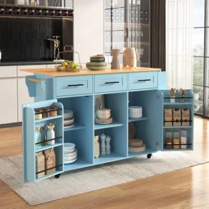 Ilha central móvel de cozinha com 2 portas e 3 gavetas - tampo extensível - 129x46/71x91,5 cm - Madeira MDF + metálico - A...