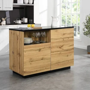 Ilha de cozinha com 2 portas e 1 nicho em MDF, orgânico e preto - CORELINA Montagem em 30 Minutos