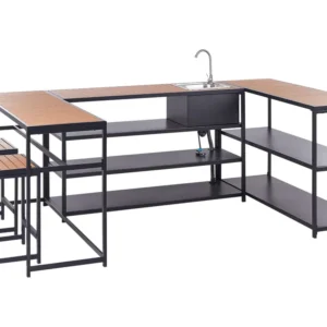 Mesa Redonda Conjunto de ilha de cozinha para exterior com lavatório em ço preto e castanho nítido AVETRANA