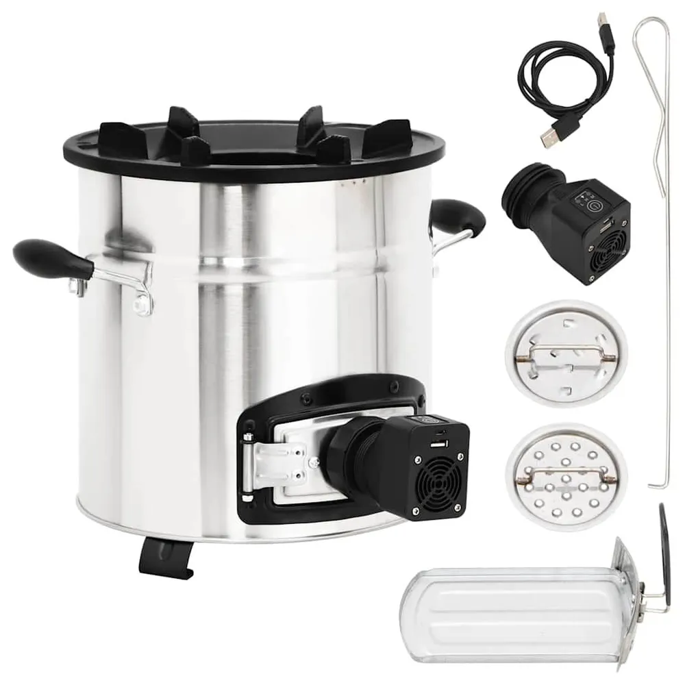 Fogão lenha com ventilador USB 35,5x26x28cm ço inox. prateado