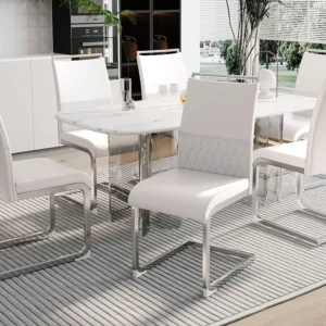 Conjunto de 6 cadeiras para sala de jantar - Linho e couro PU - Pernas metálicas - Branco - BLITZ