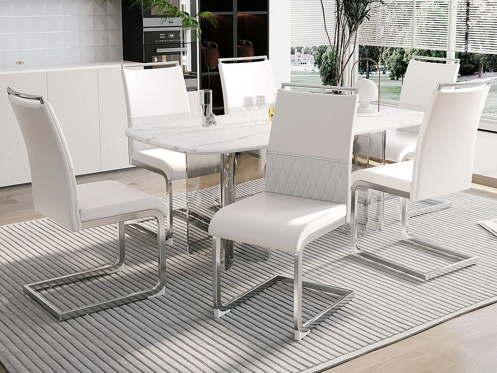 Conjunto de 6 cadeiras para sala de jantar - Linho e couro PU - Pernas metálicas - Branco - BLITZ