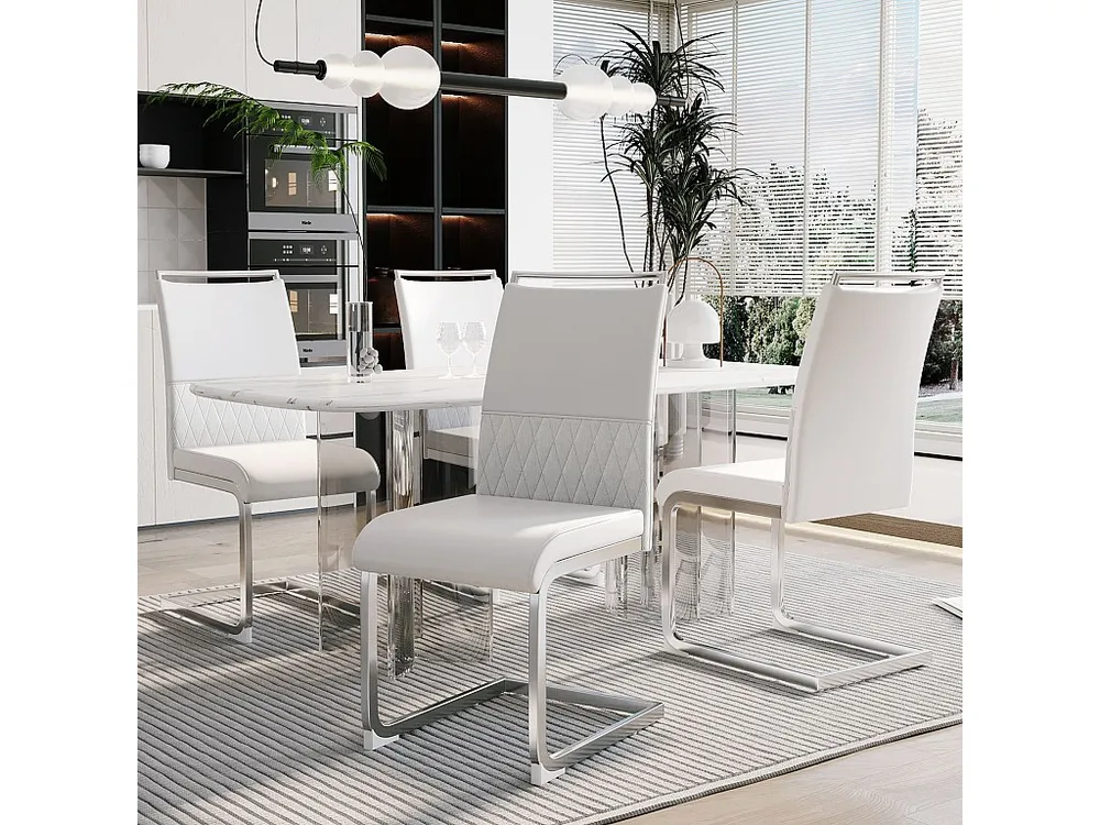 Conjunto de 6 cadeiras para sala de jantar - Linho e couro PU - Pernas metálicas - Branco - BLITZ