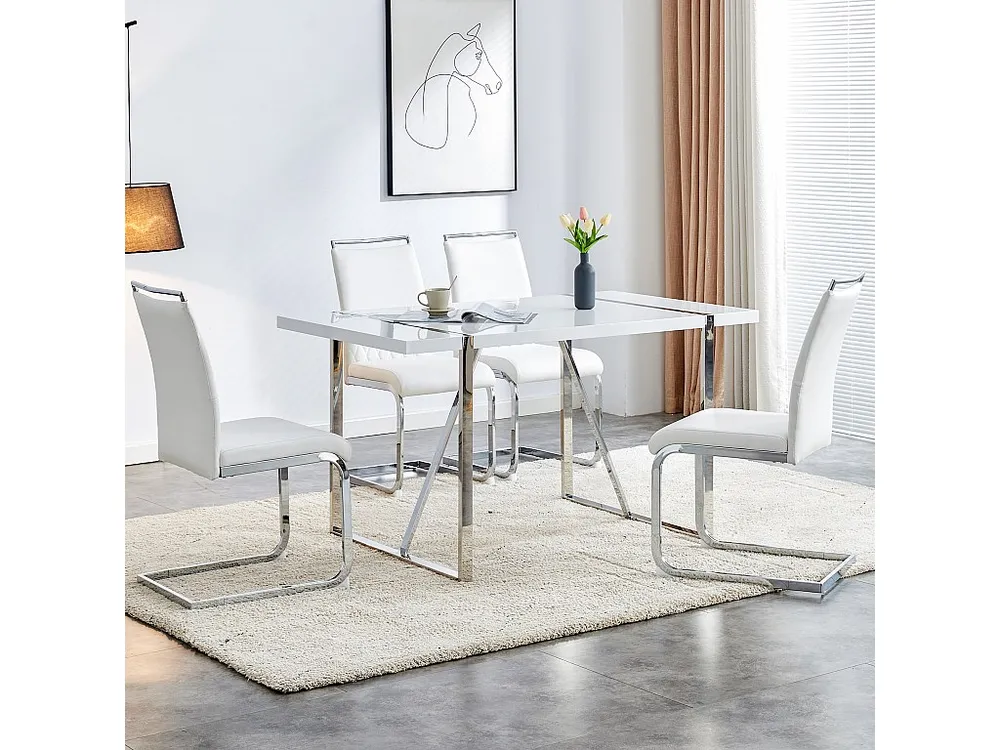 Conjunto de 6 cadeiras para sala de jantar - Linho e couro PU - Pernas metálicas - Branco - BLITZ