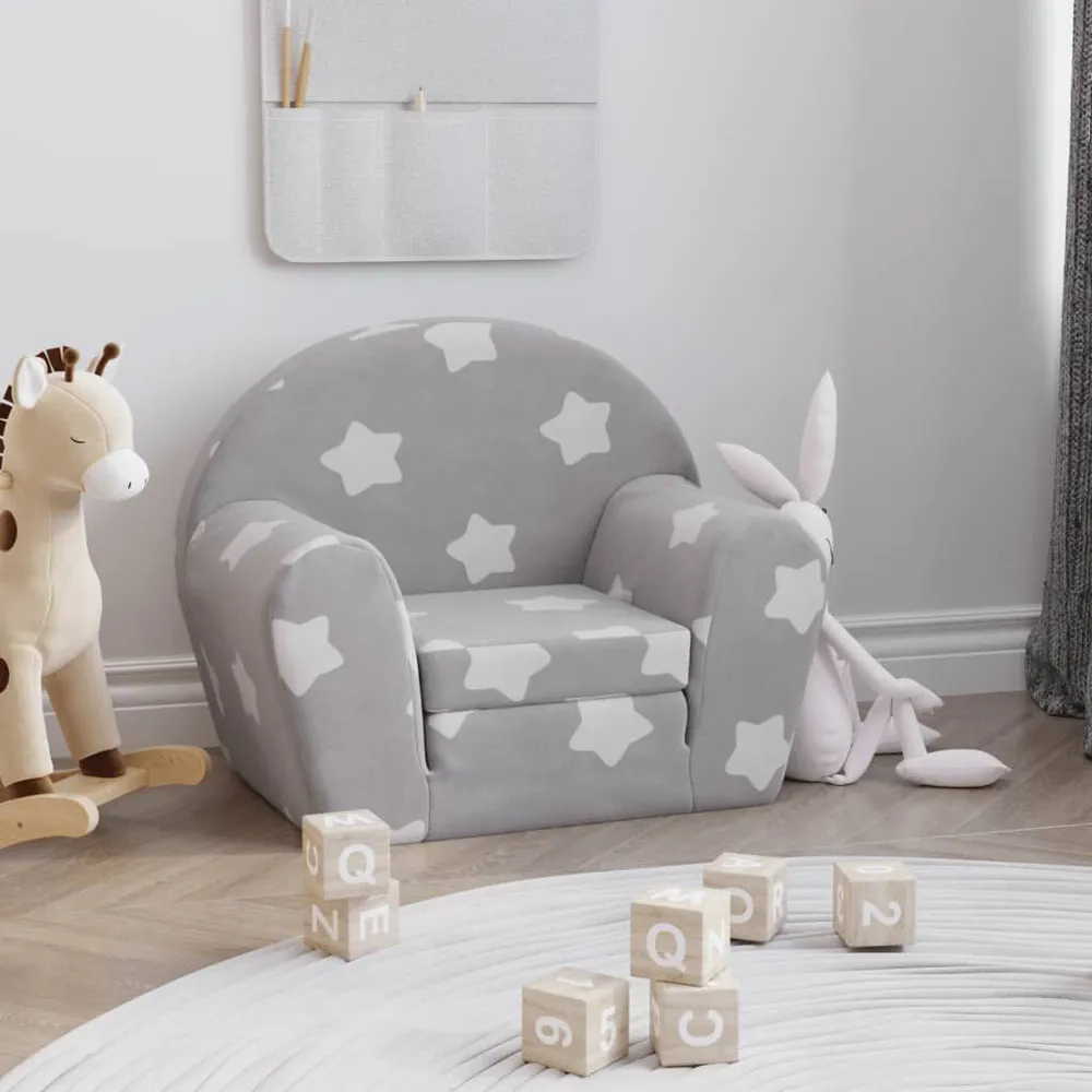 Sofá-cama infantil com estrelas pelúcia macia cinzento-claro