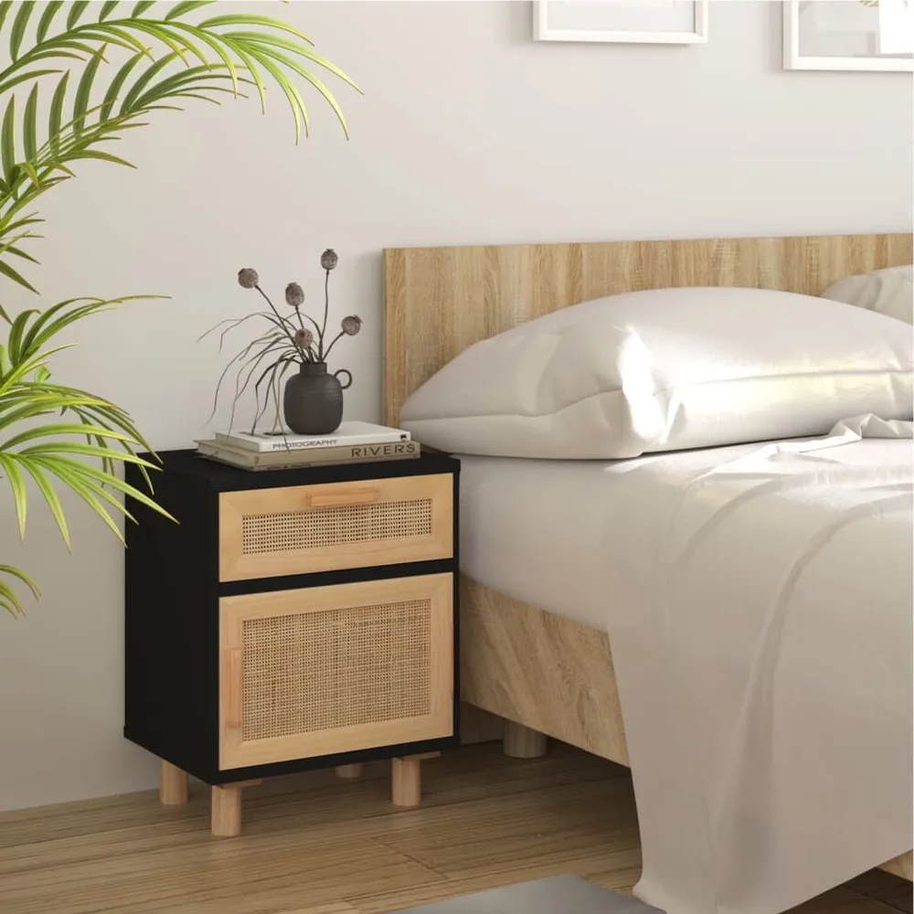 Cama Articulada Mesa de cabeceira pinho maciço e vime puro preto