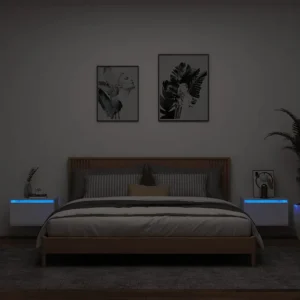 Cama com Cabeceira Mesas de cabeceira de parede com luzes LED 2 peças branco