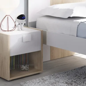 Cama Baú Mesa de cabeceira 1 gaveta. Cores: Carvalho e Branco. SONIA