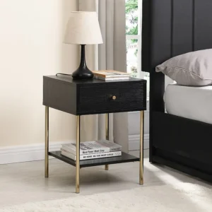Conjunto Completo para Quarto Mesa de cabeceira 1 gaveta MDF e metálico preto e dourado MILAVIA