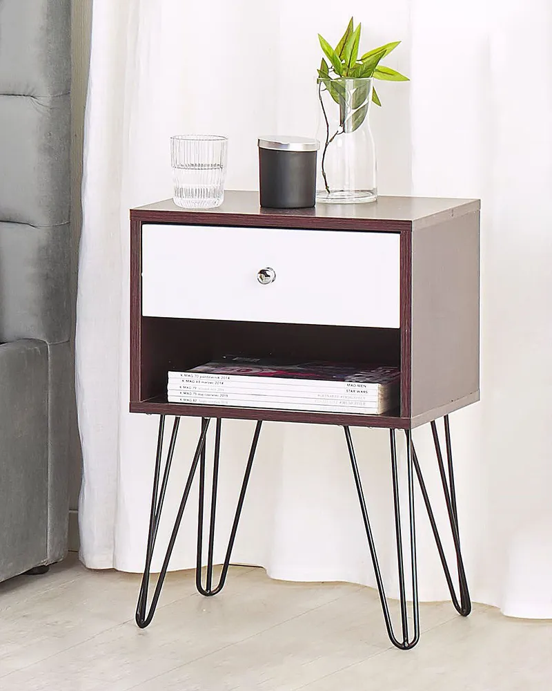 Mesa de cabeceira com 1 gaveta em madeira escura e branco ARVIN com Garantia Estendida