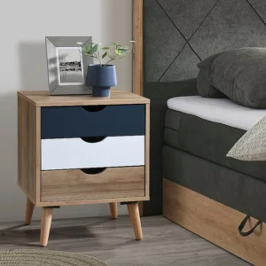 Mesa de cabeceira com 3 gavetas cor genuíno, branco e azul-marinho - LURVIA Tecido Resistente