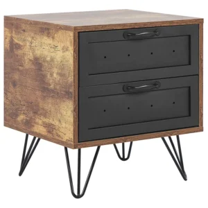Mesa de cabeceira com 2 gavetas em madeira escura e preto ARKAN Medidas Queen Size