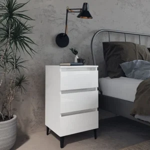 Mesa cabeceira com pernas metálico 40x35x69 cm branco brilhante