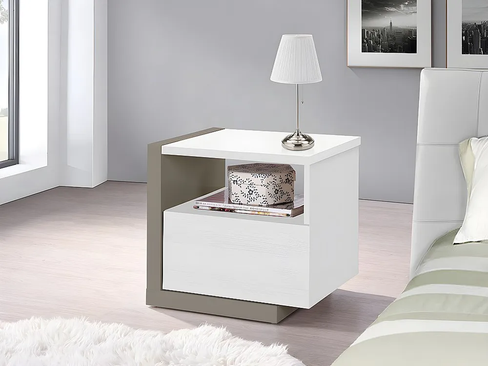 Mesa de cabeceira escandinava NAPOLI 1 gaveta Branco e cinza com Cabideiro Incluso