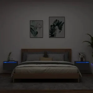 Premium Mesas de cabeceira de parede com luzes LED 2 peças preto
