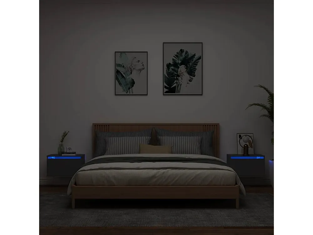 Premium Mesas de cabeceira de parede com luzes LED 2 peças preto