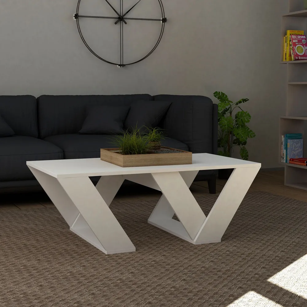 Mesa de centro Yozora 110x60cm Madeira Branca com Porta-copos Integrado