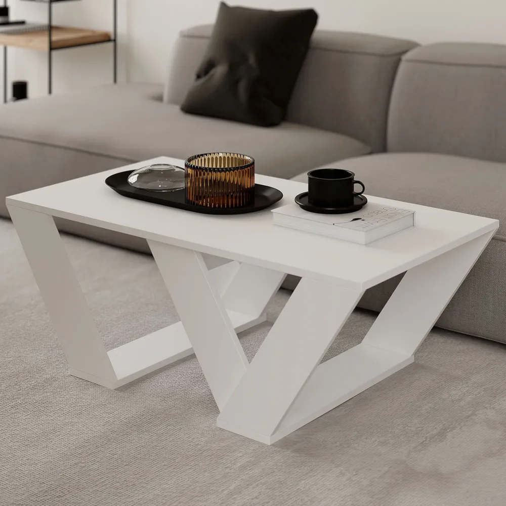 Mesa de centro Yozora 110x60cm Madeira Branca com Porta-copos Integrado