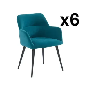 Conjunto de 6 cadeiras de mesa com apoios - Tecido efeito veludo e metálico preto. Azul. HEKA
