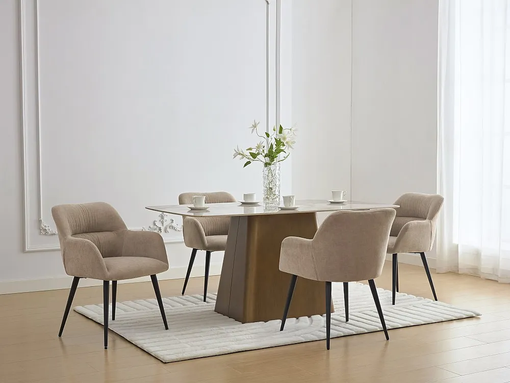 Conjunto de 6 cadeiras de mesa com apoios - Tecido efeito veludo e metálico preto. Bege. HEKA