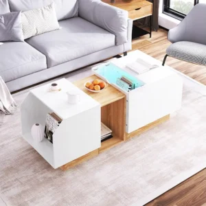 Mesa de centro com armazenamento multifuncional - LEDs - 110x40x58,2 cm - Aglomerado - Branco + integral