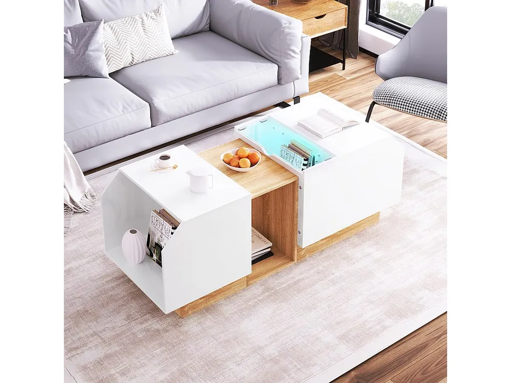 Mesa de centro com armazenamento multifuncional - LEDs - 110x40x58,2 cm - Aglomerado - Branco + integral