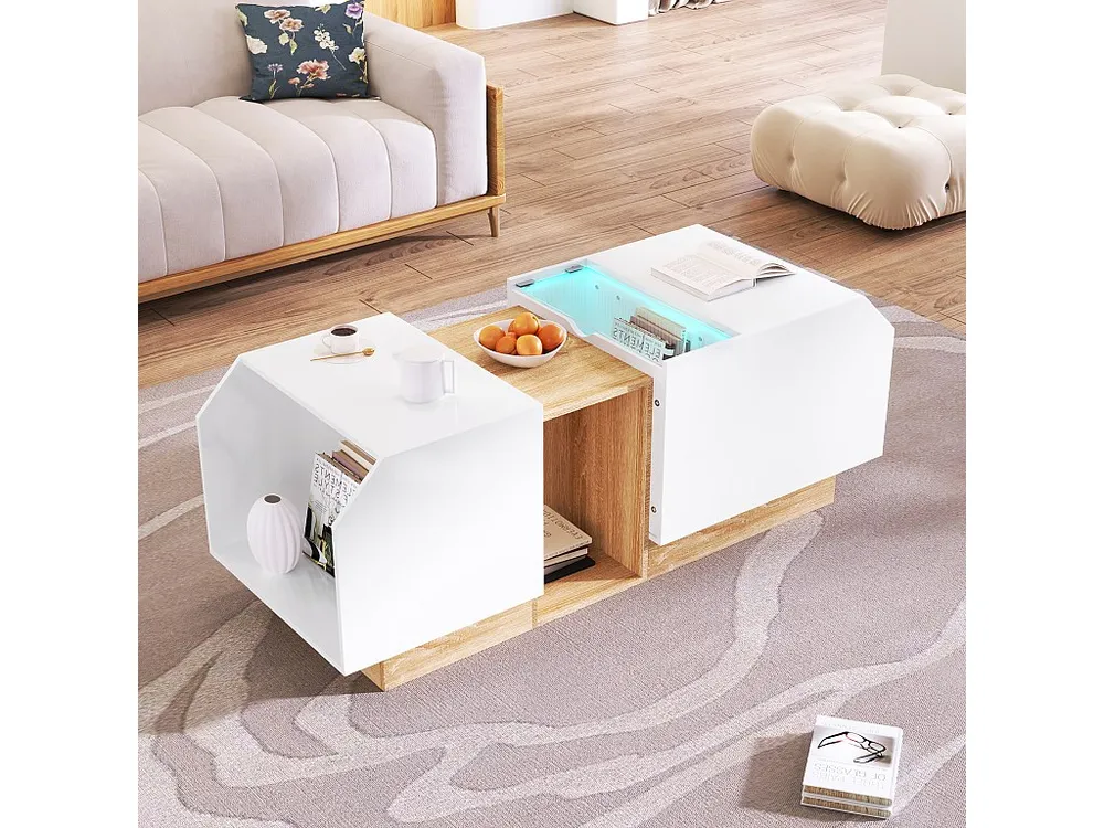 Mesa de centro com armazenamento multifuncional - LEDs - 110x40x58,2 cm - Aglomerado - Branco + integral