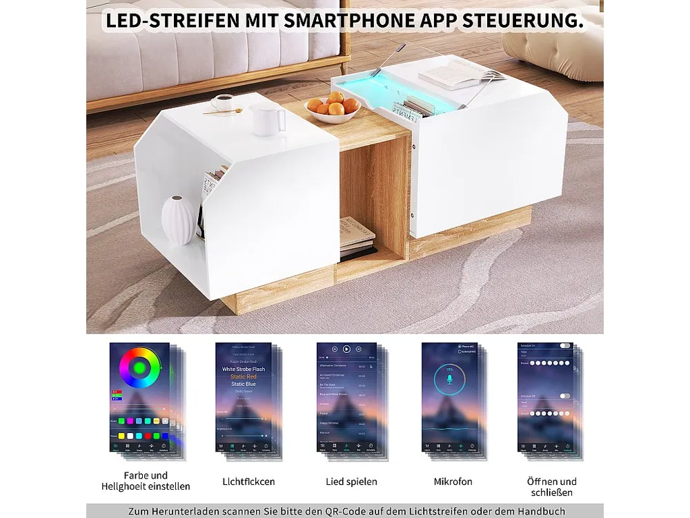 Mesa de centro com armazenamento multifuncional - LEDs - 110x40x58,2 cm - Aglomerado - Branco + integral