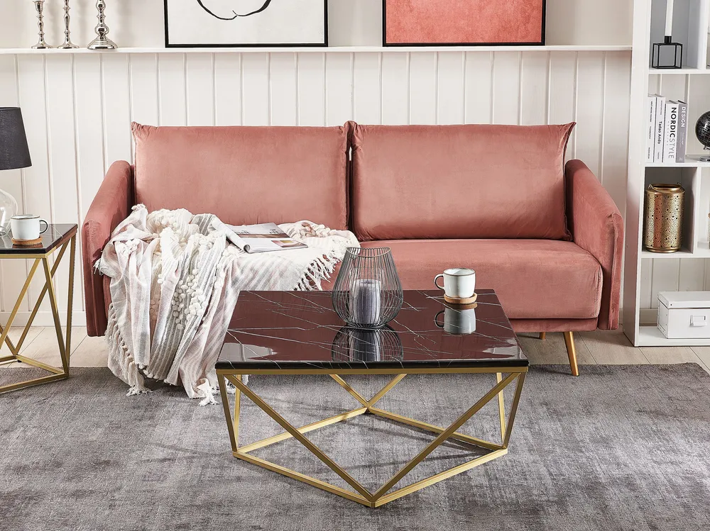 Mesa de centro efeito de mármore preto com dourado MALIBU