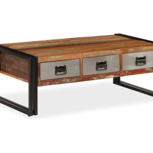 Mesa de centro 3 gavetas madeira recuperada maciç 100x50x35 cm