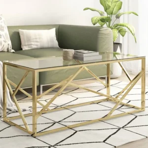 Mesa de centro ço inoxidável e vidro temperado dourado