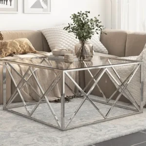 Mesa de centro ço inoxidável e vidro temperado prateado