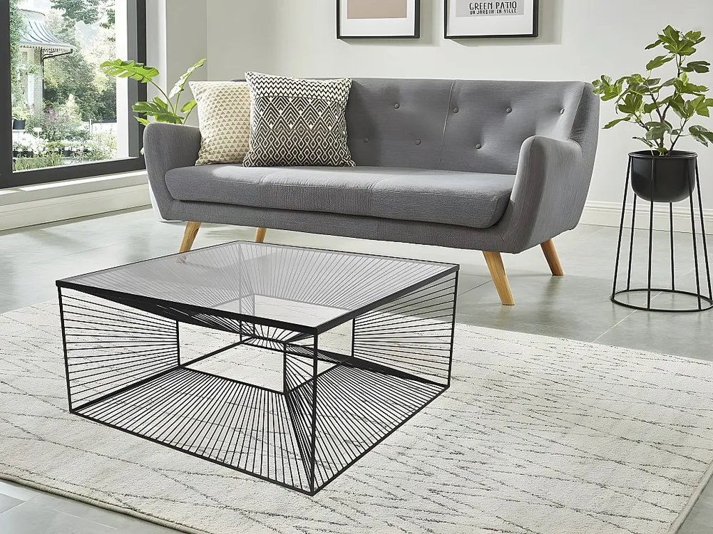 Mesa de centro moderna - Vidro e metálico preto em arame. CLARENCE