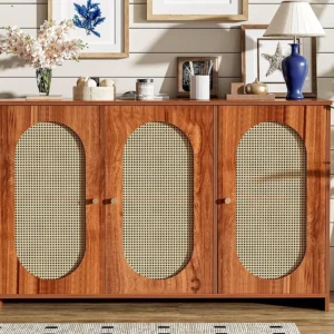 Aparador 3 portas em rattan com prateleiras reguláveis - em MDF - Castanho