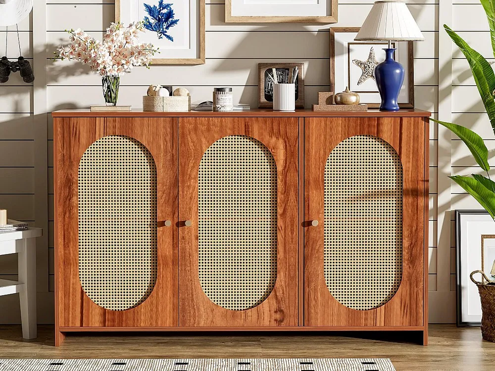 Aparador 3 portas em rattan com prateleiras reguláveis - em MDF - Castanho